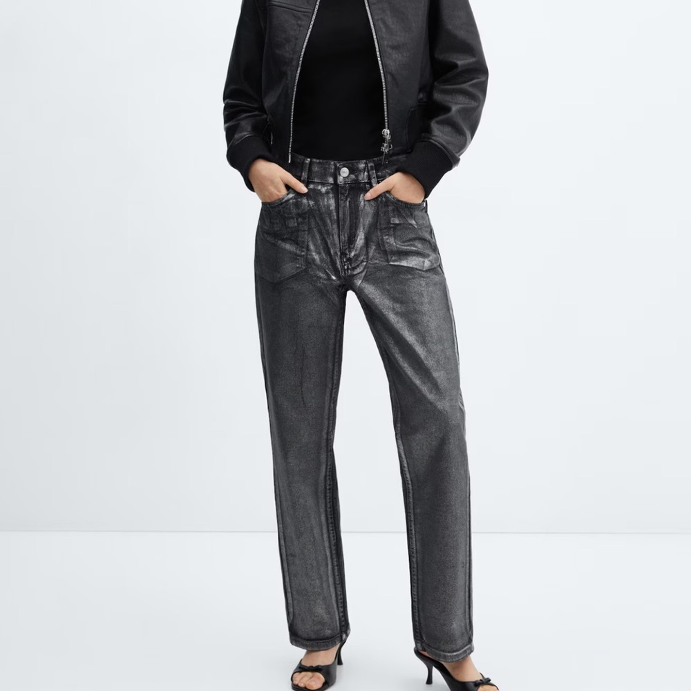 NWT Mango STRAIGHT FOIL JEANS Black 4